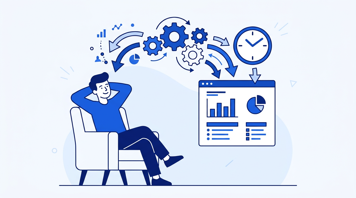 Illustration of automated reporting in Google Sheets showing live data connections and scheduled refreshes