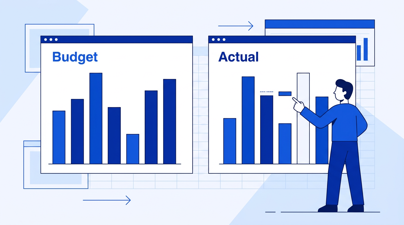 Illustration of a budget vs actuals report in Excel showing planned versus actual spend with variance columns