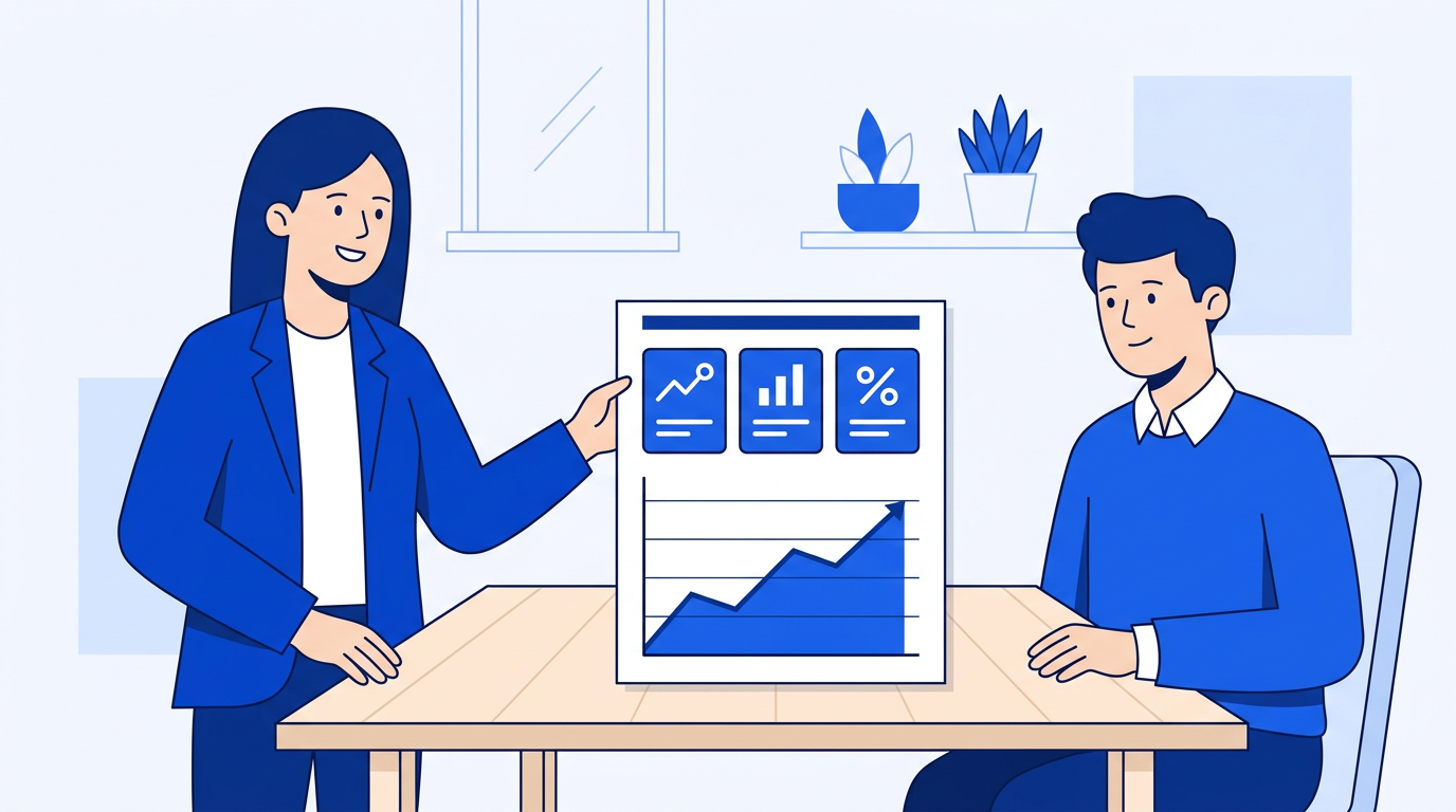 Illustration of a client performance report in Google Sheets with charts and summary metrics