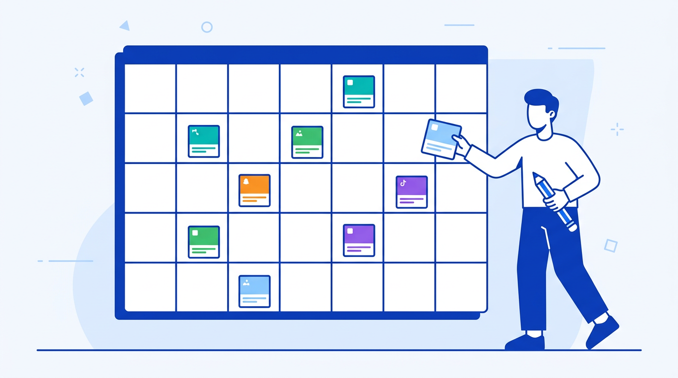 Illustration of a content calendar in Google Sheets with posts organized by date, channel, and status