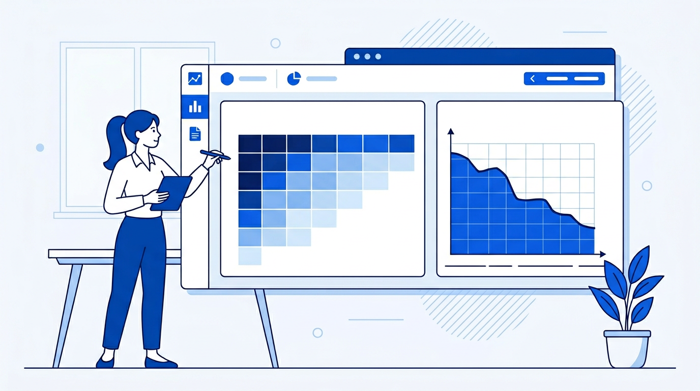 Illustration of a customer churn analysis in Google Sheets showing churn rates and cohort retention