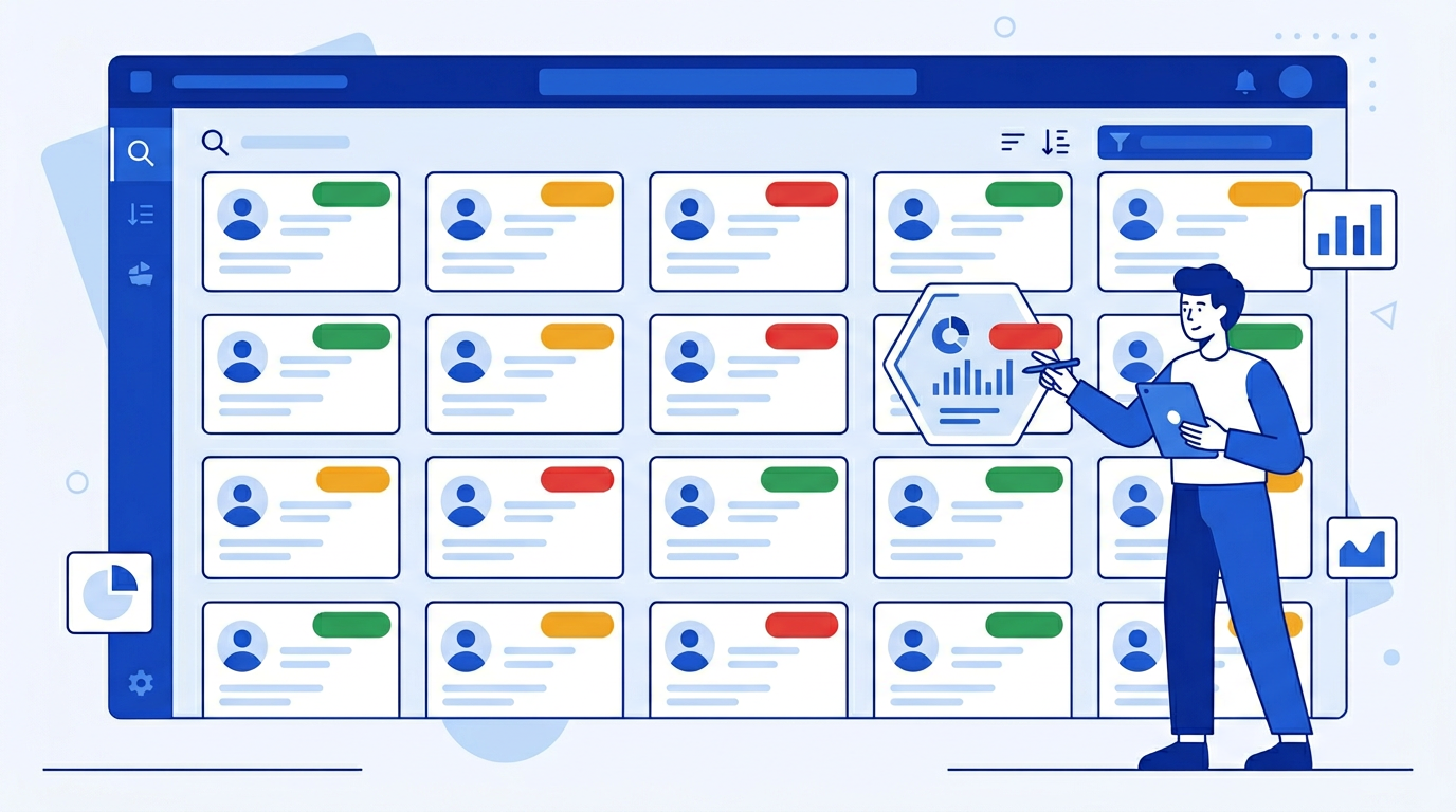 Illustration of a customer health dashboard in Google Sheets showing health scores, risk levels, and account details