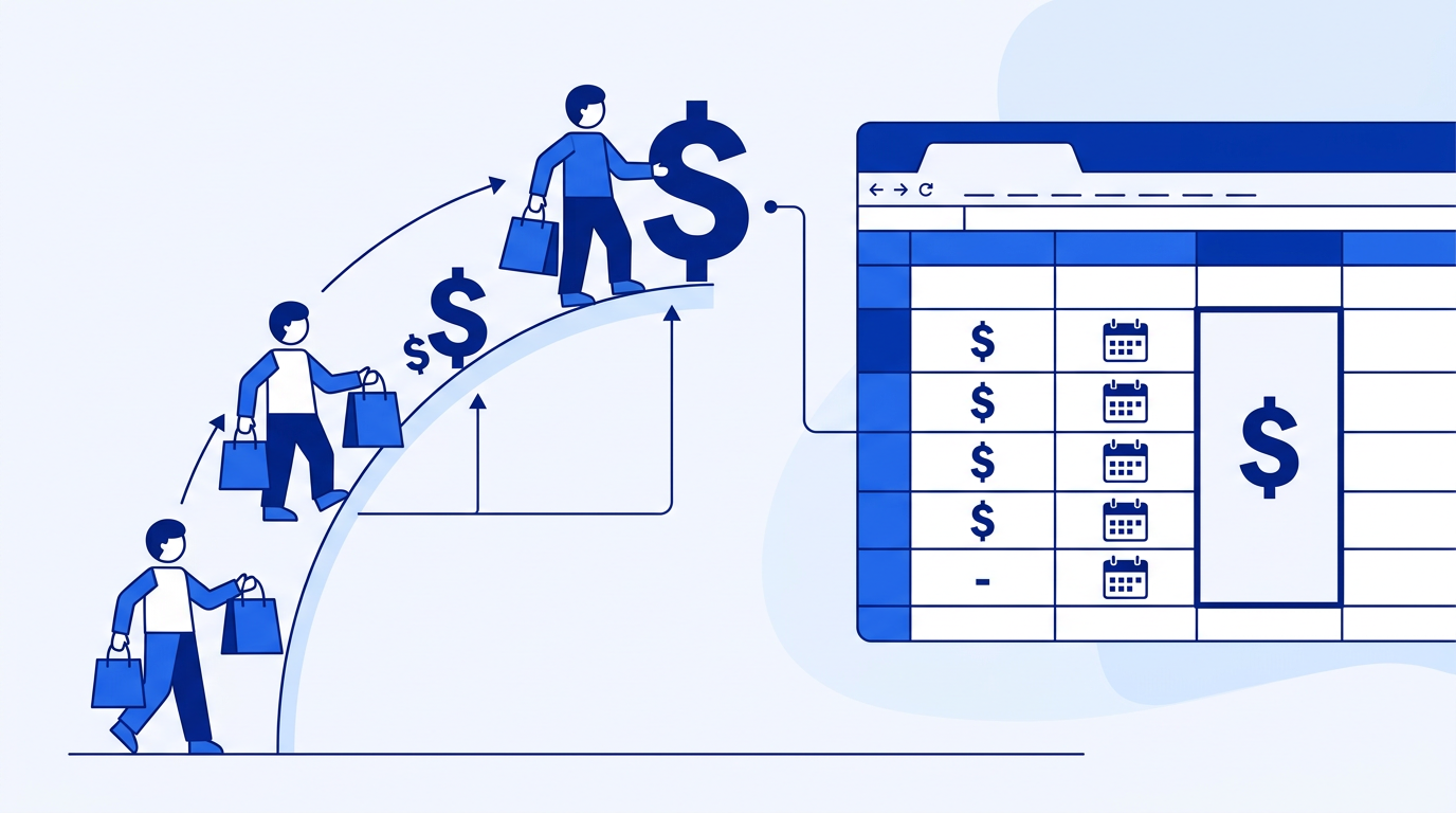 Illustration of customer lifetime value calculation in Google Sheets showing purchase history and LTV by segment