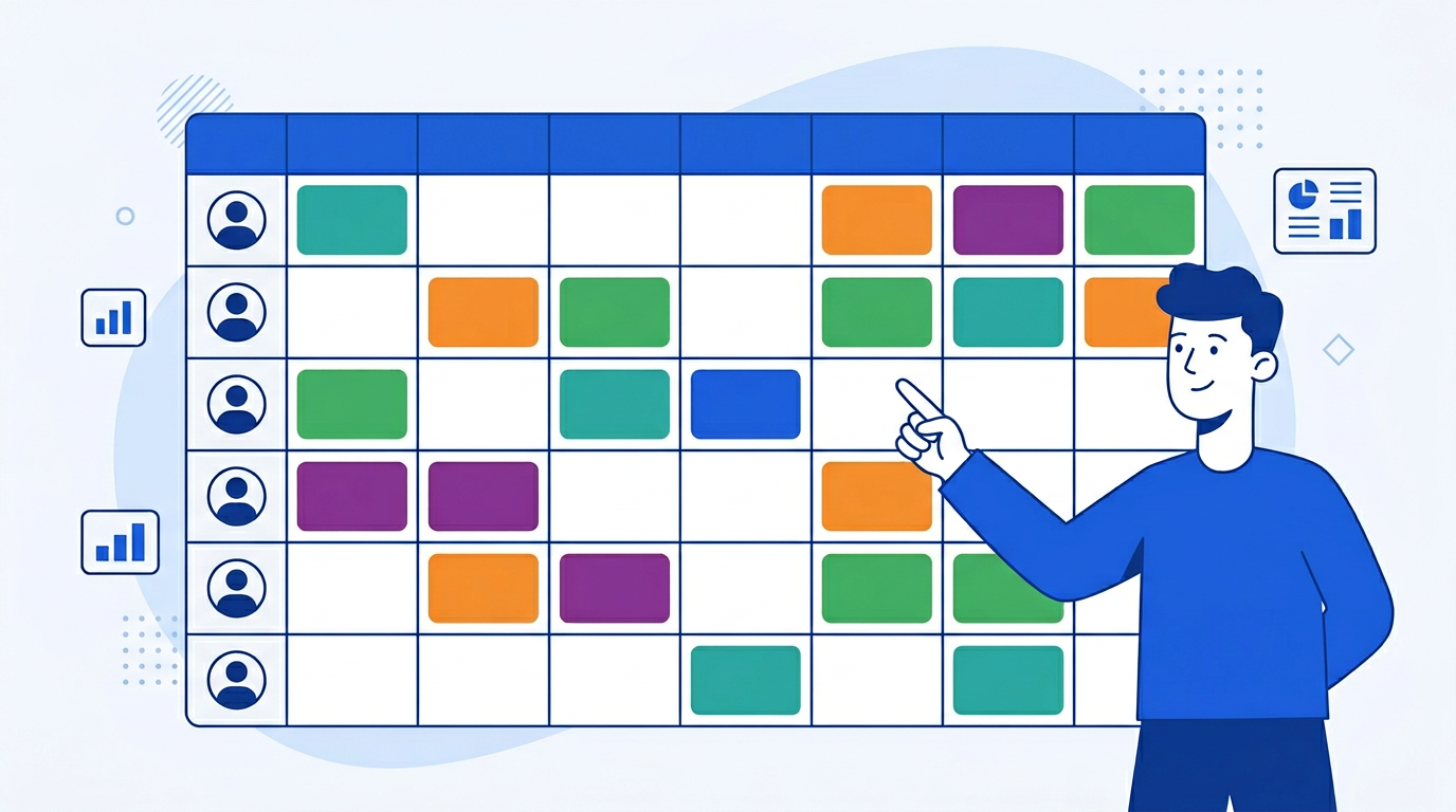 Illustration of an employee schedule in Google Sheets showing staff names, shifts, and weekly hours