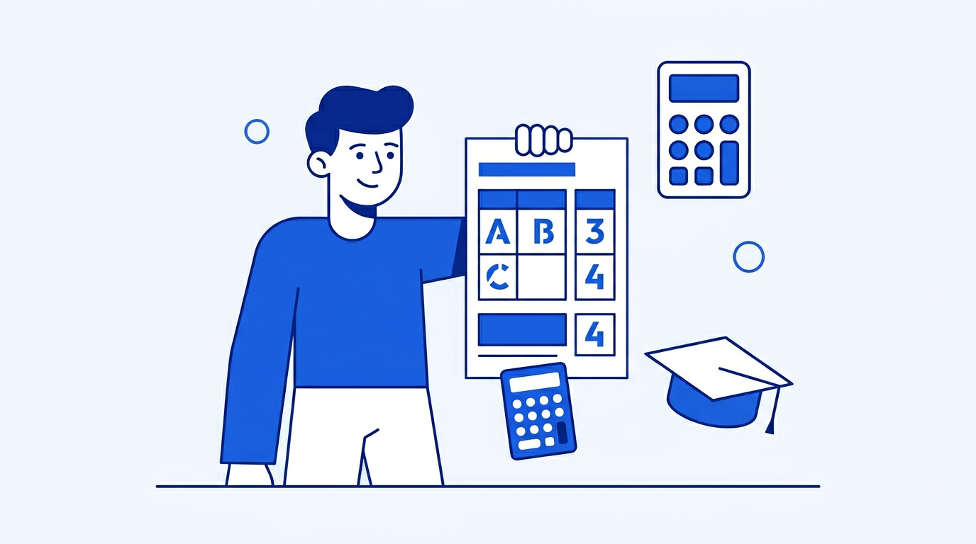 Illustration of a GPA calculator in Excel showing course grades, credit hours, and calculated GPA