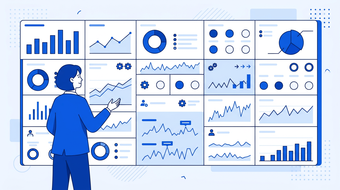 Illustration of a KPI dashboard in Google Sheets showing key metrics, trend sparklines, and status indicators