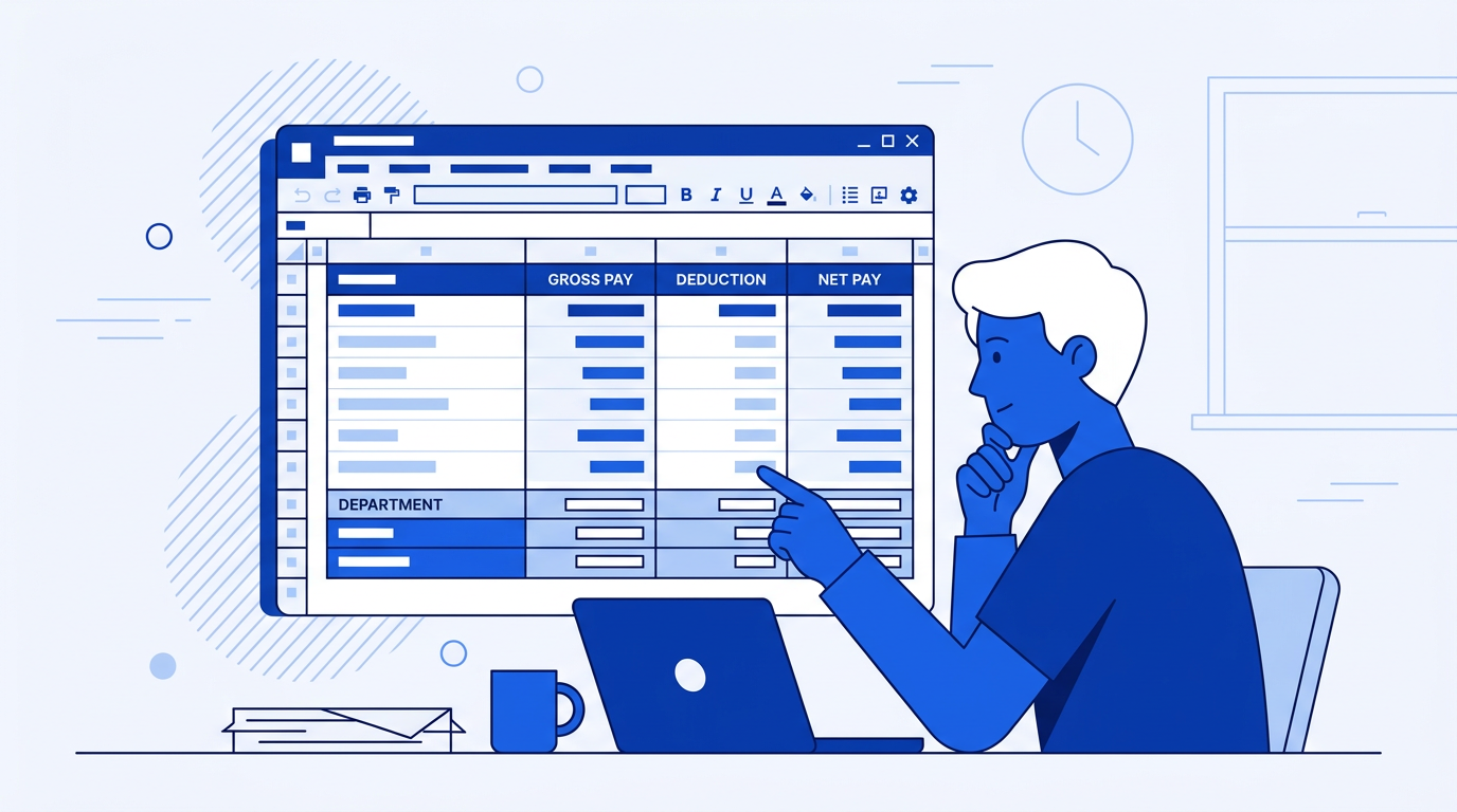 Illustration of a payroll summary in Excel showing employee names, hours, gross pay, deductions, and net pay