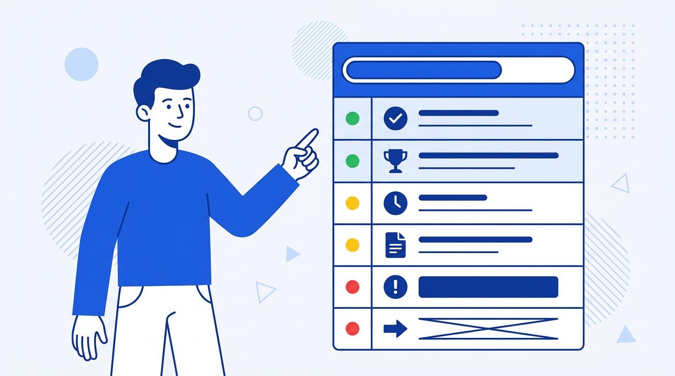 Illustration of a project status report in Google Sheets with task rows, status indicators, and deadline columns