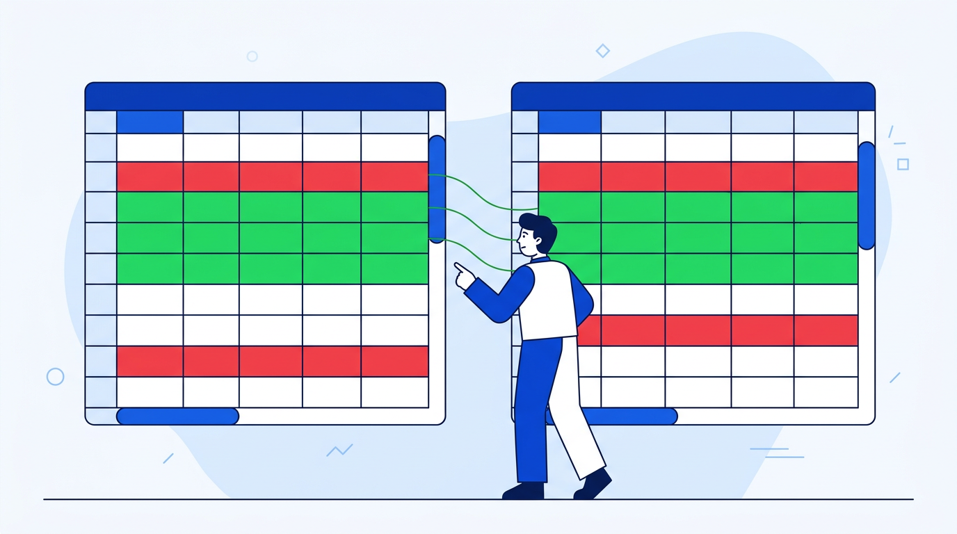 Illustration of reconciling two spreadsheets in Excel with matched and mismatched rows highlighted