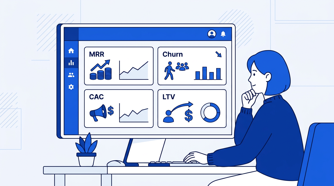 Illustration of a SaaS metrics dashboard in Google Sheets showing MRR, churn rate, CAC, and LTV