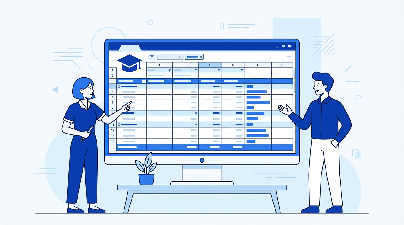 Illustration of a student summary report in Excel with grades, averages, and performance indicators